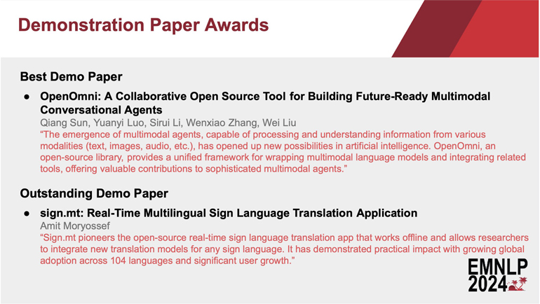 Slide listing EMNLP 2024 Demonstration Paper Awards