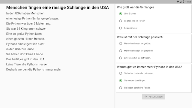 Screenshot of an application assessing the comprehension of automatic text simplification output